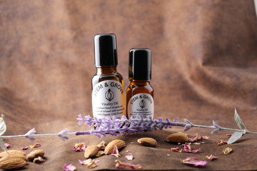 Stem & Grove Vitality Oil — both sizes with lavender, almonds and rose petals