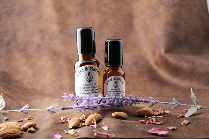 Stem & Grove Vitality Oil — both sizes with lavender, almonds and rose petals